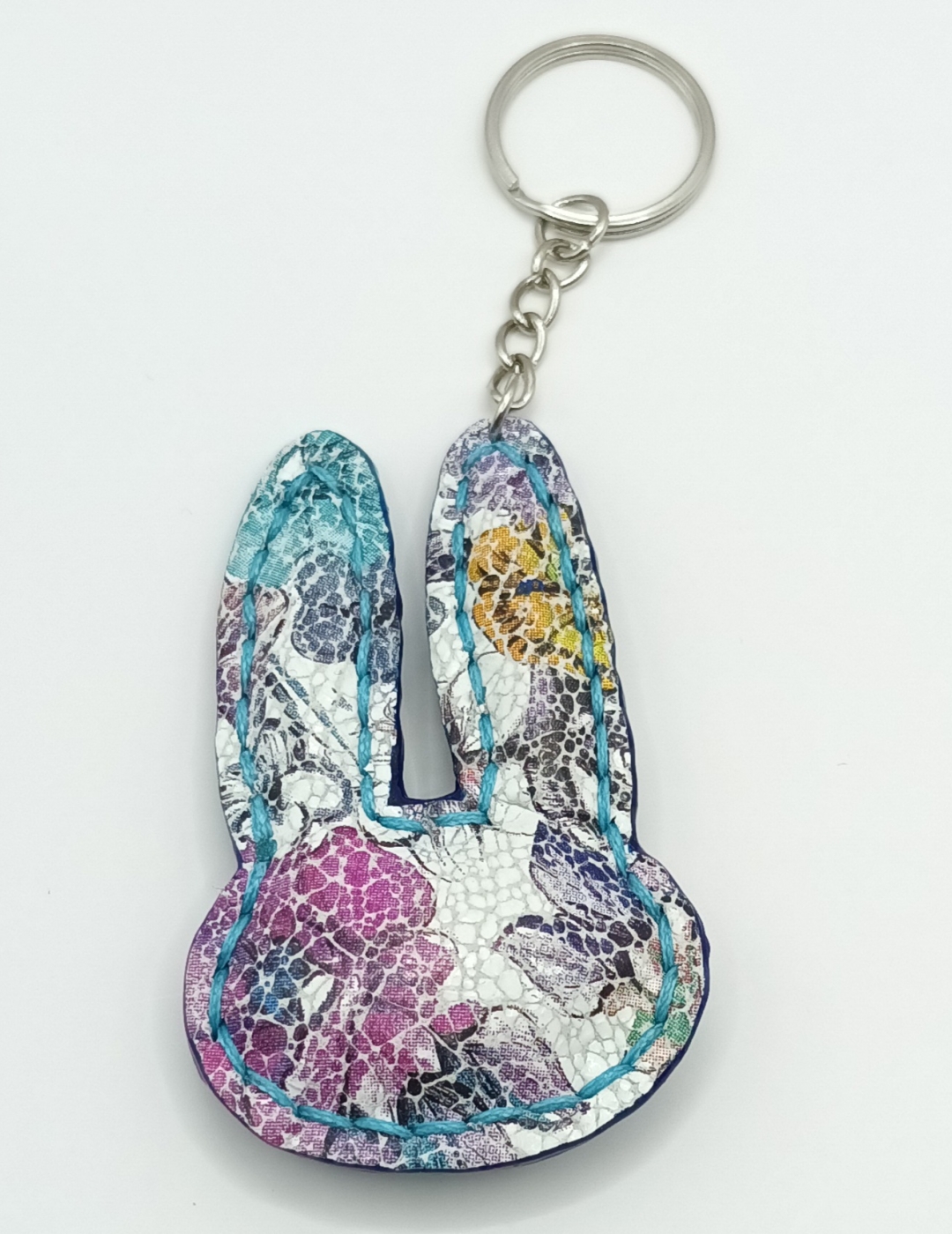 Porte-clés lapin fleuri pastel et bleu lagon