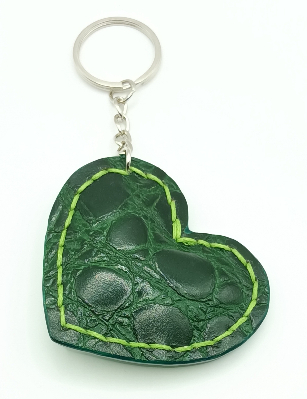 Porte-clés cœur vert foncé effet crocodile et vert effet galuchat