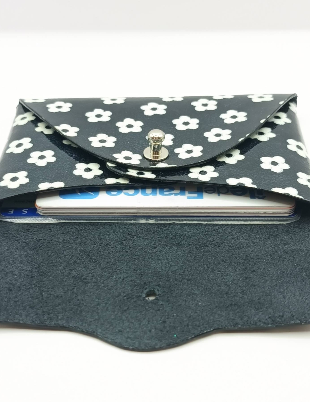 Porte-cartes Noir à petites fleurs blanches