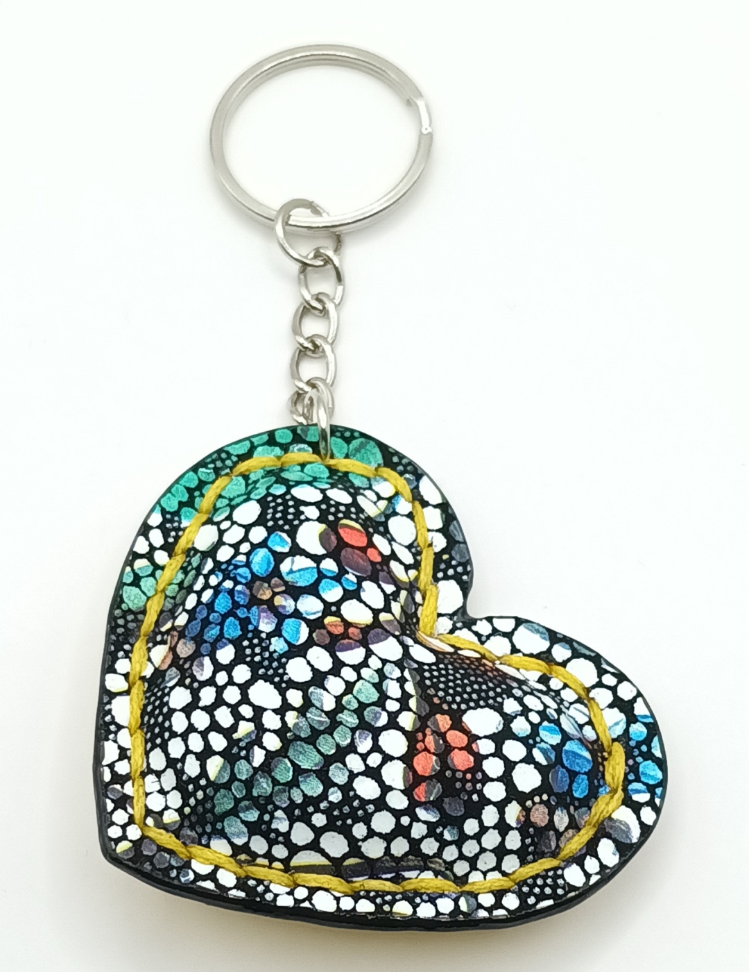 Porte-clés cœur jaune et noir fleuri