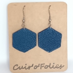 Boucles d’oreilles grand hexagone en galuchat  bleu foncé